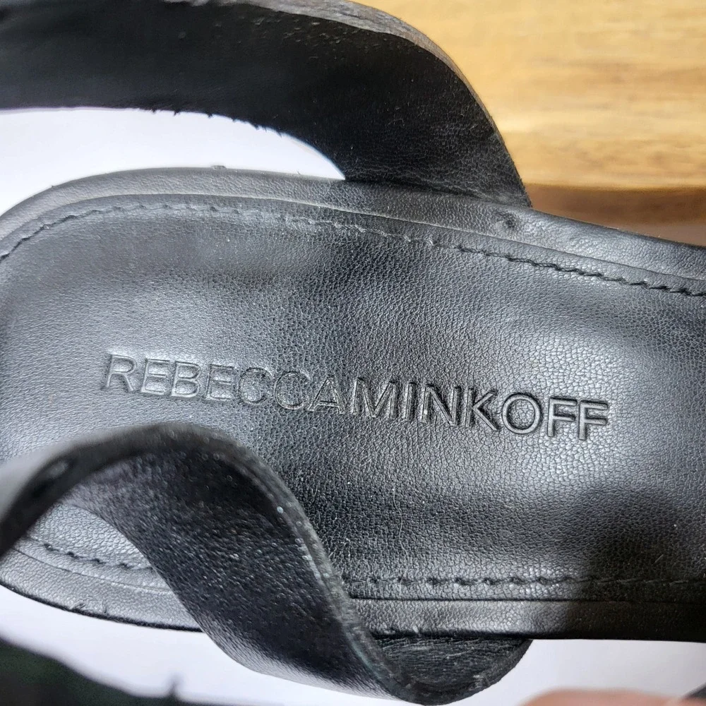 Rebecca Minkoff Black Leather Wood Platform‎ Block Heel Sandals Womens 9M
